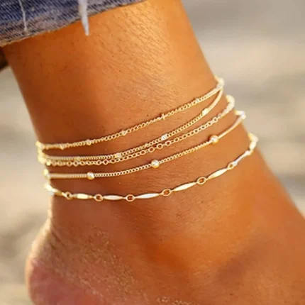 5 Piece Mixed Chain Anklet Set, Bohemian Flat Snake and Twist Bracelets, Layered Summer Foot Jewelry for Women