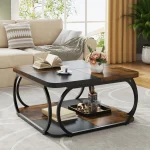 Tribesigns Square Coffee Table with 2 Tiers, 40 inches Low Farmhouse Coffee Table with Wood Storage Shelf Heavy Duty Metal Curve 3