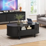 Oval Coffee Table, 47 Inch Fluted Coffee Tables with Cabinets & Sliding Doors, Mid-Century Modern Center Table with Storage 5