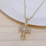 2025 New Gold color Cross Pendant Necklace (One Piece)  Religious  Style Jewelry Fashion Elegant Party Accessory 4