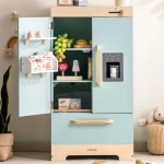 Robotime Robud Play Kitchen Fridge Refrigerator with Ice Dispenser Wooden Kids Play Kitchen Playset Toy for Ages 3+Blue 4