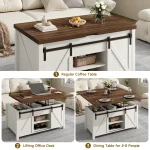 Farmhouse Lift-Top Coffee Table w/ Sliding Barn Door,Hidden Storage,Converts to Dining Table for Living Room&Office,White＆Brown 3