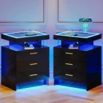 2 Set Nightstands with Wireless Charging Station, Auto Sensor 3 Color Dimmable LED Night Stand, Modern Bedside Table with 3 Dra