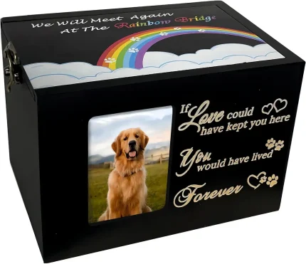 Solid Wood Pet Urn for Ashes, Memorial Keepsake Box with Photo Frame for Dogs & Cats, Rainbow Bridge Cremation Gift