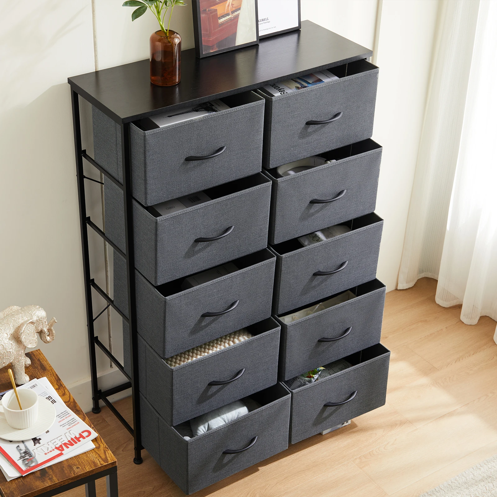 JHK Bedside Table For Bedroom With 10 Fabric Drawers Nightstand Storage Cabinet With Steel Frame Clothes Storage Display Cabinet JHK Bedside Table For Bedroom With 10 Fabric Drawers Nightstand Storage Cabinet With Steel Frame Clothes Storage Display Cabinet