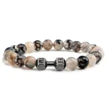 Natural Volcanic Stone Bracelet Men Matte Black Lave White Beads Charm Dumbbell Strand Bracelets Women Barbell Fitness Jewelry 3