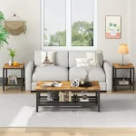 3 Piece Industrial Coffee Table Set with 2 End Tables Metal Frame Living Room Apartment Home Office Brown, Customized 4