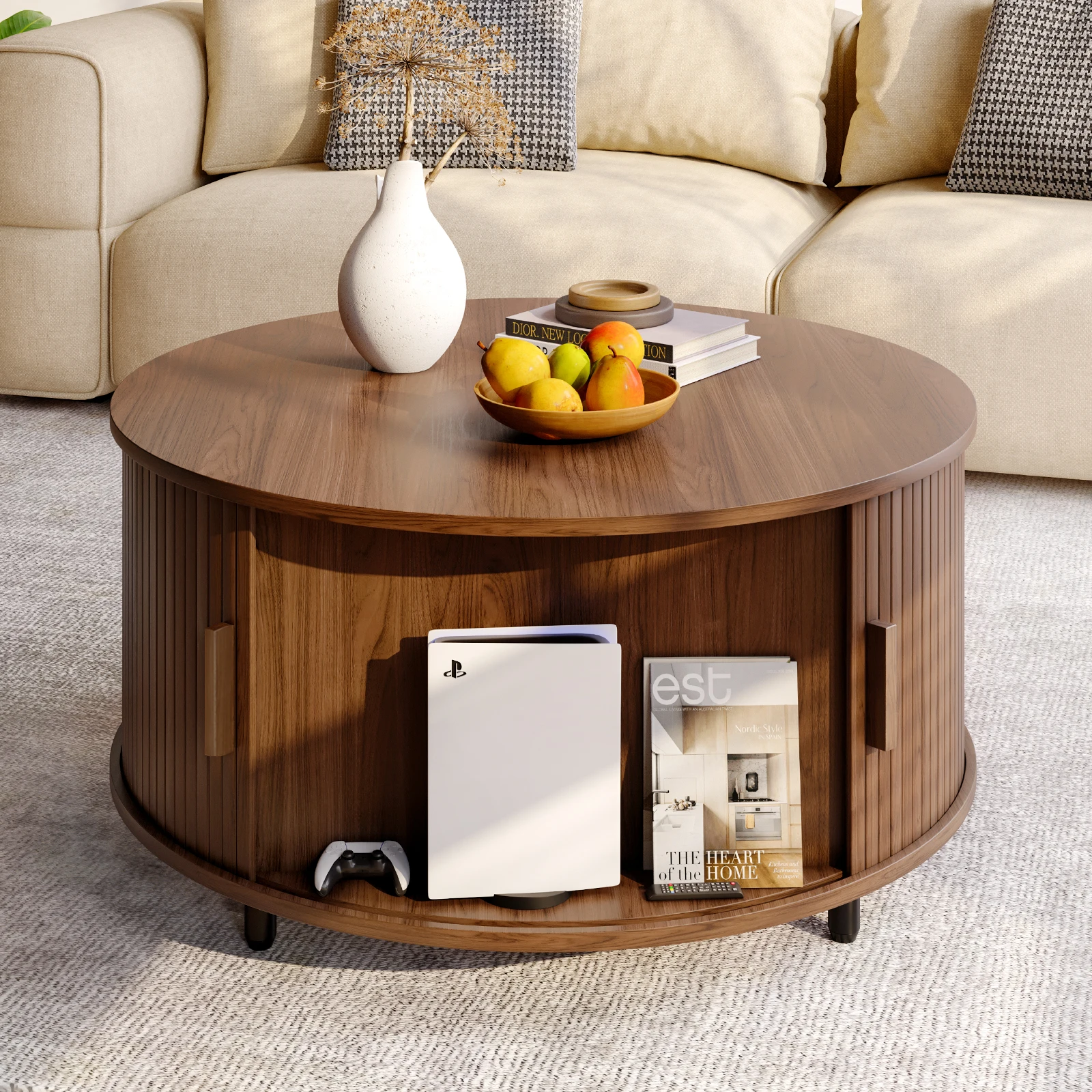 Round Coffee Table with Storage,31.5" Modern Coffee Table with 360° Curved Sliding Door,Fluted Wood Accent Coffee Tablee Round Coffee Table with Storage,31.5" Modern Coffee Table with 360° Curved Sliding Door,Fluted Wood Accent Coffee Tablee