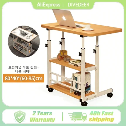 DIVEDEER Adjustable Height Table with Wheeled Mobile Double Layer Laptop Side Table with Wheeled Dual Shelf Sofa Table 80*40