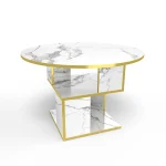 3-Tier Round Coffee Table with Storage, Modern Coffee Table for Living Room, Wooden Tabletop-Marble White with Gold Frame 3