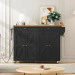Kitchen Island with Power Outlet, 43.3 Rolling Island with Storage, Kitchen Cart with Spice Rack and Hooks, for Living Room 6