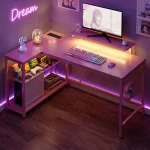 NOST&HOST Pink L Shaped Gaming Desk LED Power Outlets,42" Corner Computer Desk Reversible Shelves Hooks Home Office Bedroom Desk 6