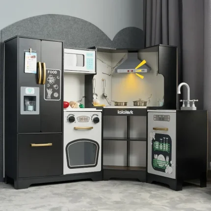 Joyfy Toddlers Wooden Corner Kitchen Pretend Playset with Fake Food Toys Real Lights Sounds Play Kitchen Set for Kids