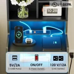 Charging Nightstand Set of 2 with LED Lights,Tall Night Stand with Bookshelf,Bedside Table with Drawers 4
