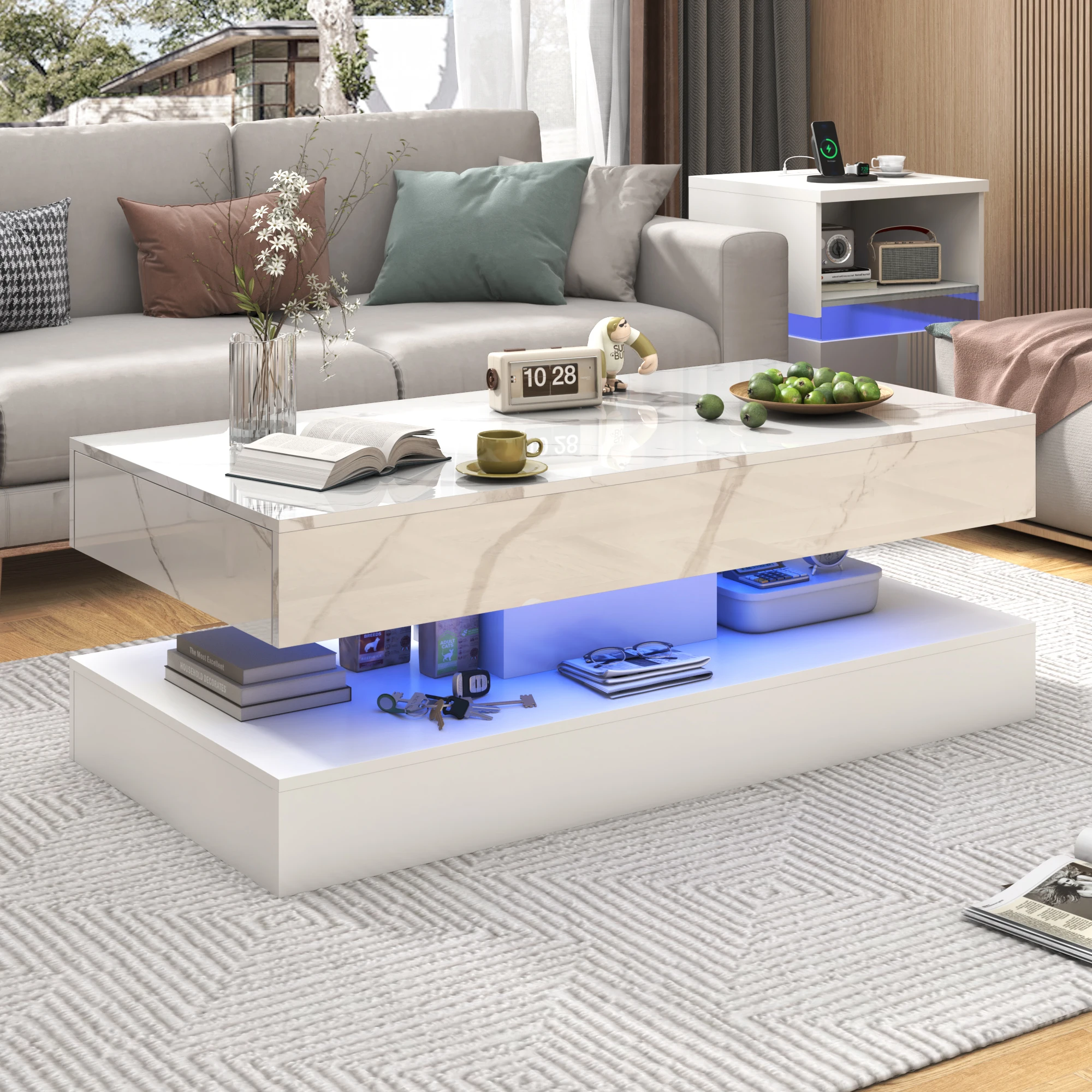 Modern Stylish Coffee Table with LED lights, Double-Layer Design for Living Room Coffee Table with 2 Storage Drawers Modern Stylish Coffee Table with LED lights, Double-Layer Design for Living Room Coffee Table with 2 Storage Drawers