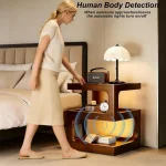 Solid Wood Nightstand with LED Light, Modern 3 Tier Bedside Table with Open Storage, Small Side Table for Bedroom, Customized 5