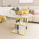 3-Tier Round Coffee Table with Storage, Modern Coffee Table for Living Room, Wooden Tabletop-Marble White with Gold Frame 2