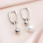 Fashion Metal Pearl U-Shaped Drop Earrings for Women Minimalist Silver Color Asymmetric Square Ear Buckle Jewelry Party Gifts 5