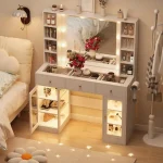 White Glass Top Vanity Desk with Lighted Mirror And RGB Cabinet 3 Drawers Makeup Vanity with Built-in Lighting Customized 3