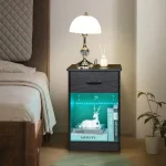 Set Of 2 Nightstand End Table with Charging Station&LED Lights Bedside Table 2