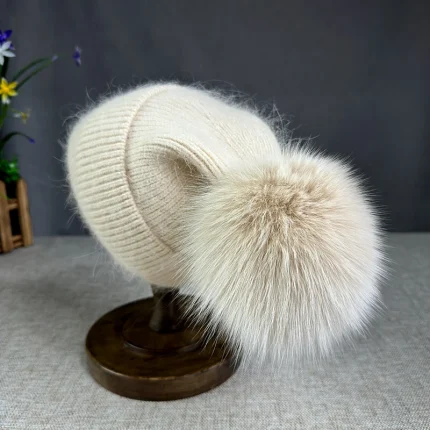 Cllikko New Angora fur winter hat For Women children fox fur pompom hats Beanies Big size Bonnet Female Soft Warm Skullies hat