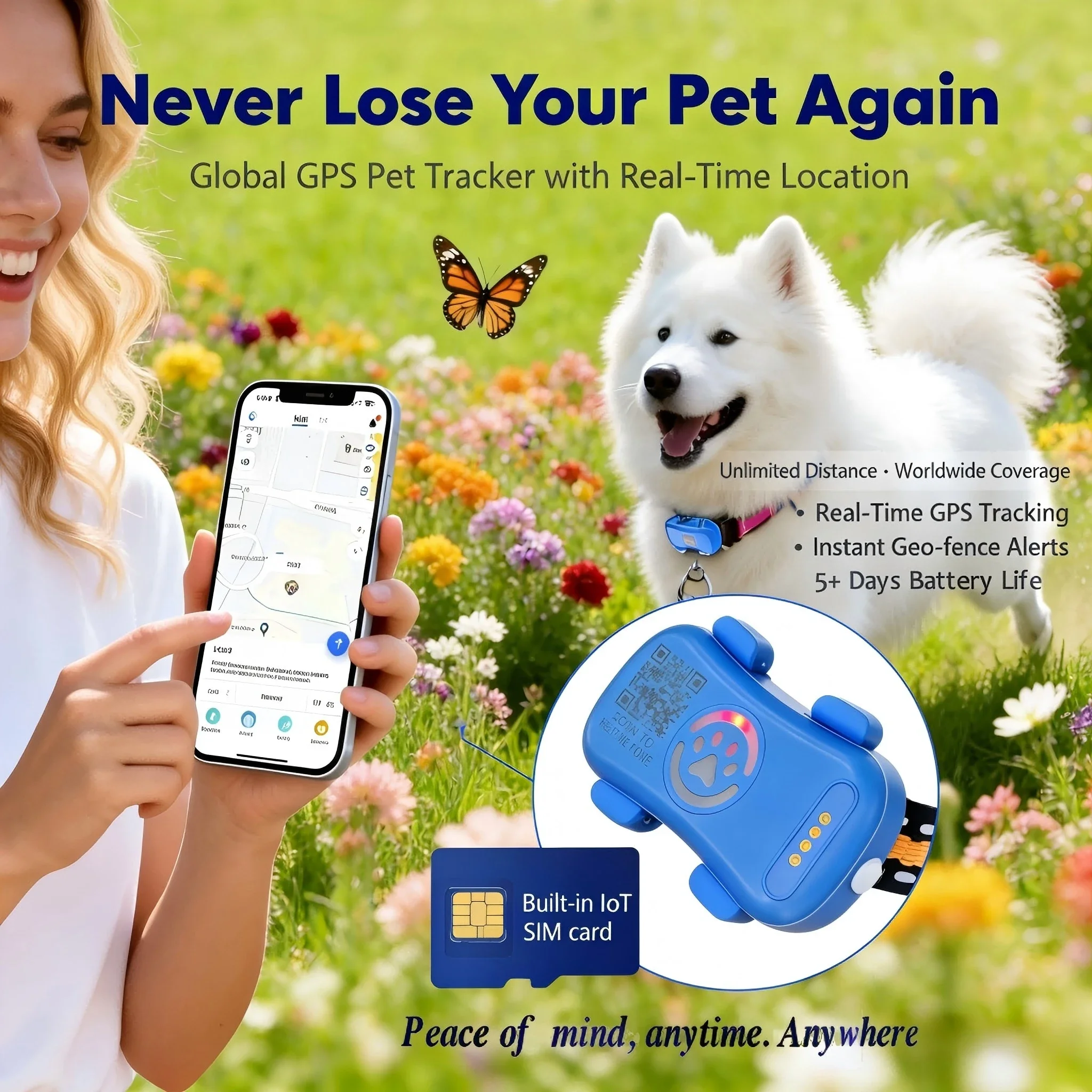 GPS Pet Tracker for Dogs Cats Built-in IoT Sim WiFi Tracking Unlimited Distance QR Code Anti-Lost Locator, Subscription Required GPS Pet Tracker for Dogs Cats Built-in IoT Sim WiFi Tracking Unlimited Distance QR Code Anti-Lost Locator, Subscription Required