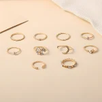 10Pcs Rings Suit For Women Gold-color Chain Ring Set Bohemian Style Coin Snake Moon Star Party Leaves Love Trend Gift Jewelry 3