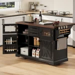 Rolling Kitchen Island On 4 Wheels With Drop Leaf, Power Outlet, Cross Barn Doors & Visual Glass Door For Kitchen, Dining Room 4