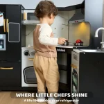 Joyfy Toddlers Wooden Corner Kitchen Pretend Playset with Fake Food Toys Real Lights Sounds Play Kitchen Set for Kids 4
