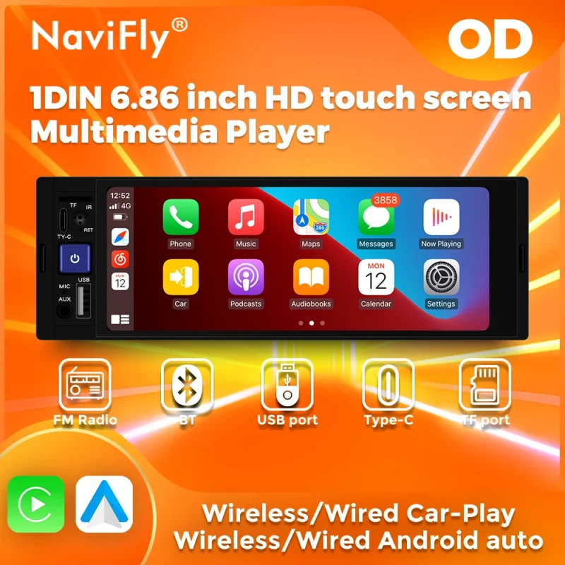 2026 NEW 1DIN MP3 MP5 Car Radio Stereo 6.86 inch HD Touch Screen Carplay Android Auto Multimedia Player BT FM Receiver Head Unit