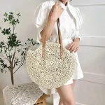 Summer Round Straw Women Vacation Woven Beach Shoulder Bag Large Capacity Hollow Out Simple Tote Bag 2
