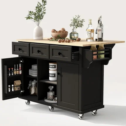 Rolling Kitchen Island with Drop Leaf, Kitchen Cart on Wheels with 3 Drawers and 2 Cabinets, Wood Portable Trolley, Customized