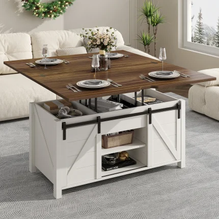 Farmhouse Lift-Top Coffee Table w/ Sliding Barn Door,Hidden Storage,Converts to Dining Table for Living Room&Office,White＆Brown