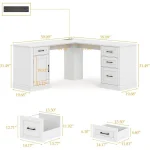 L-Shaped Executive Desk with Drawers, Charging Station, Storage, Rustic Cream White Home Office Desk 2