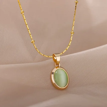 Fashion Stone Opal Oval Necklace For Women Stainless Steel Gold Color Oval Stone Pendant Necklace Wedding Aesthetic Jewelry Gift
