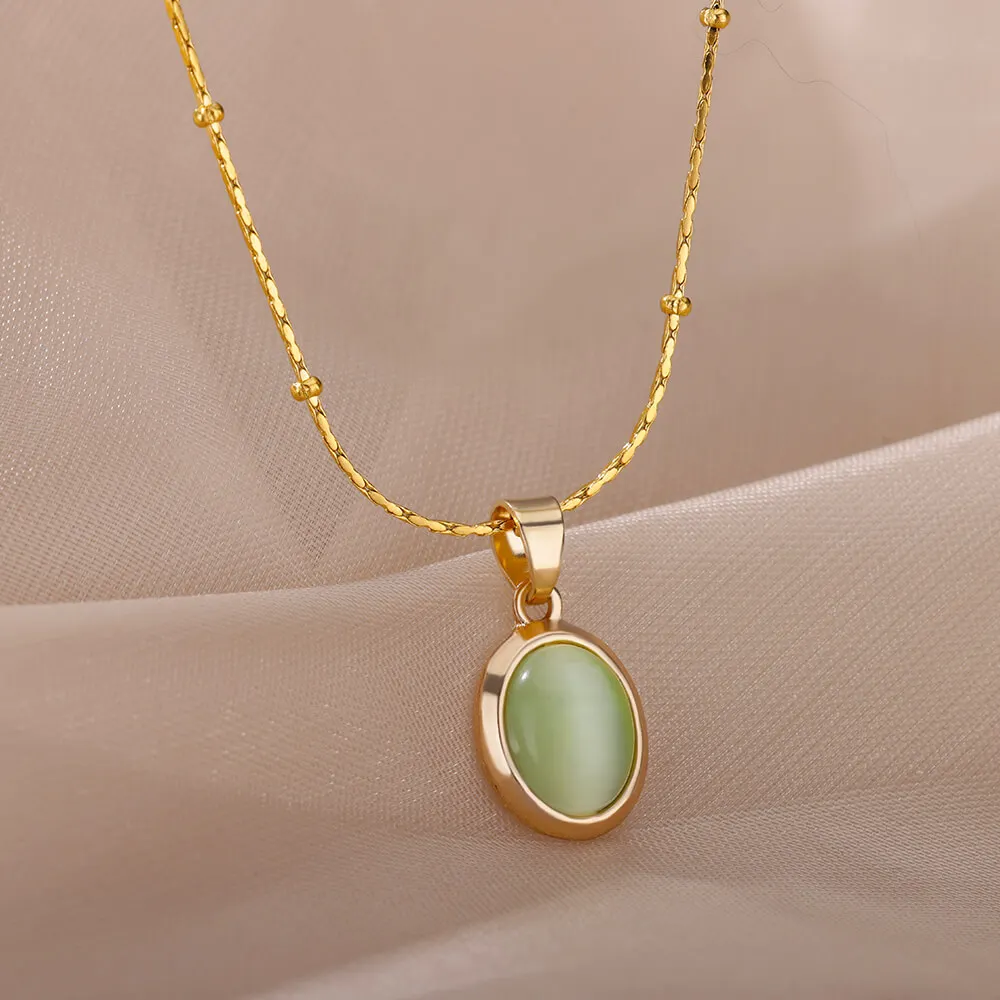 Fashion Stone Opal Oval Necklace For Women Stainless Steel Gold Color Oval Stone Pendant Necklace Wedding Aesthetic Jewelry Gift Fashion Stone Opal Oval Necklace For Women Stainless Steel Gold Color Oval Stone Pendant Necklace Wedding Aesthetic Jewelry Gift