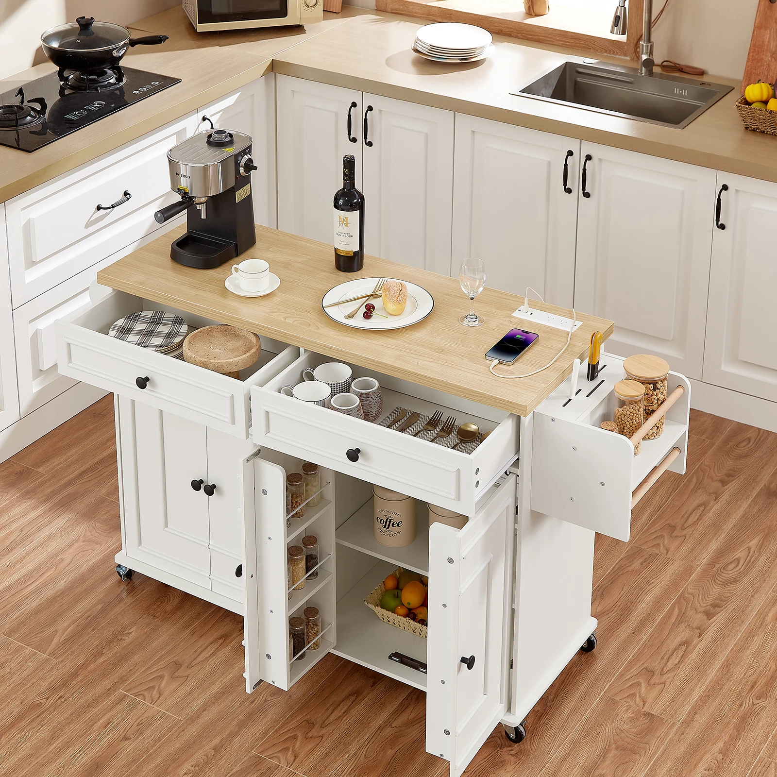 60" Mobile Kitchen Islands Rolling Trolleys Kitchen Island Table Drop Leaf Home Carts with Power Outlet Spice Towel Rack Trash 60" Mobile Kitchen Islands Rolling Trolleys Kitchen Island Table Drop Leaf Home Carts with Power Outlet Spice Towel Rack Trash