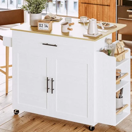 Kitchen Island with Storage, Rolling Kitchen Island on Wheels with Drop Leaf, 3 Open Spice Rack Shelf, Door Cabinet, Drawer