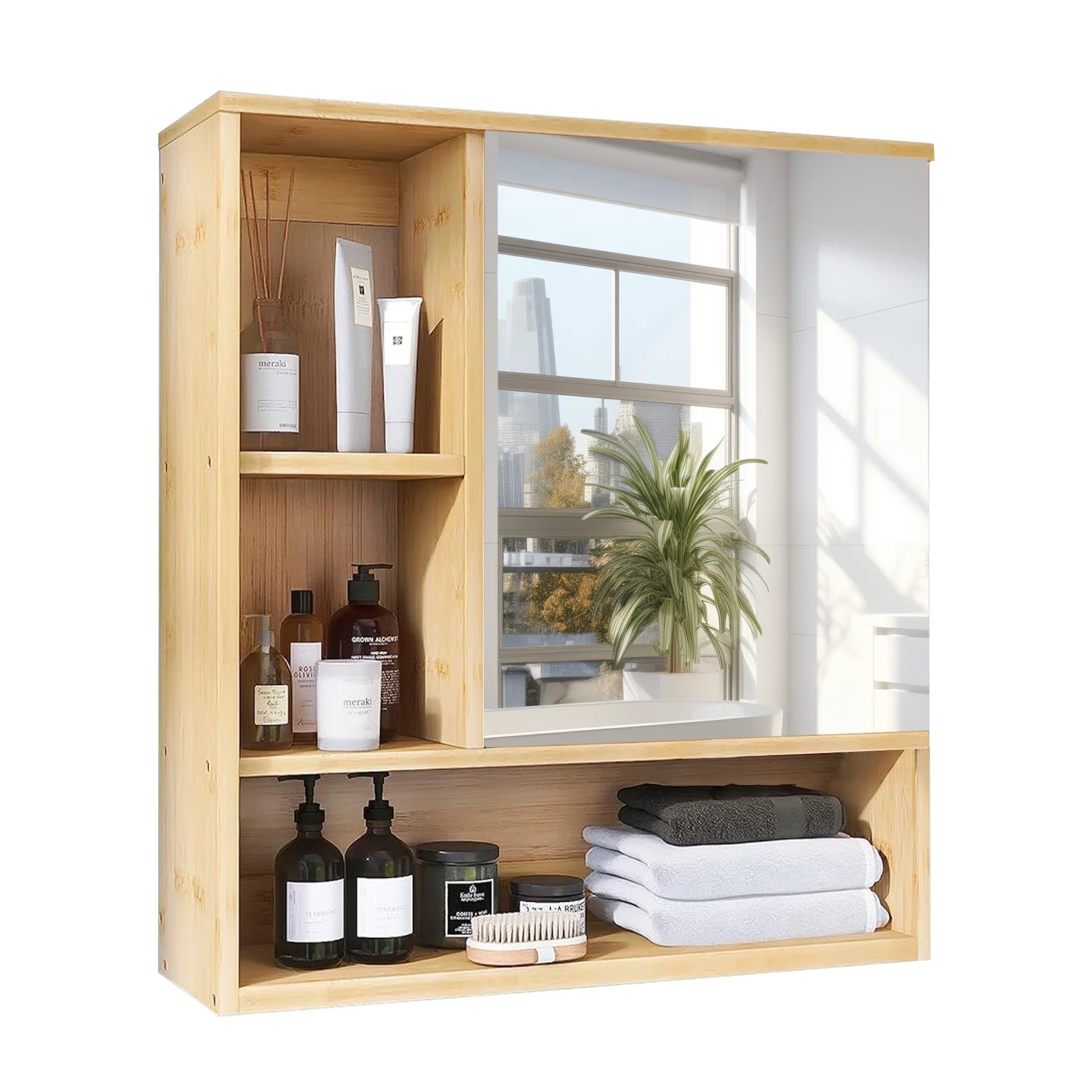 Bathroom Cabinet with Mirror Wall Bamboo Medicine Storage Shelves Bathroom Cabinet with Mirror Wall Bamboo Medicine Storage Shelves