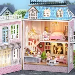 Diy Mini Wooden Dollhouse With Furniture Light Doll House Casa Assembly Model Pink Princess Villa Architecture Kit Toys Birthday 3