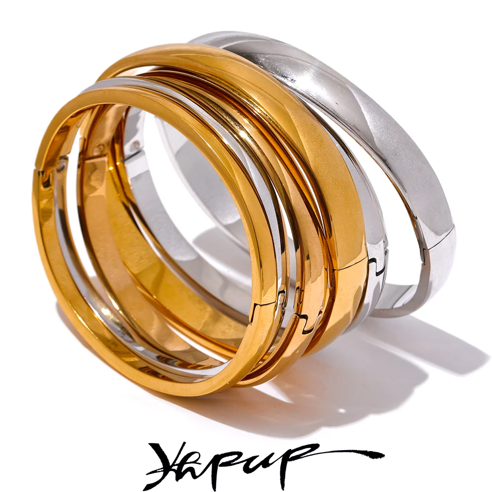 Yhpup 60mm Waterproof 316L Stainless Steel Round Smooth Bracelet Bangle Women Minimalist 18k Gold Color Texture Charm Jewelry Yhpup 60mm Waterproof 316L Stainless Steel Round Smooth Bracelet Bangle Women Minimalist 18k Gold Color Texture Charm Jewelry