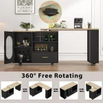 72in Swiveling Kitchen Island with Storage, Seating, and Shelves - Black Oak Mobile Cart for Dining & Home Bar 3