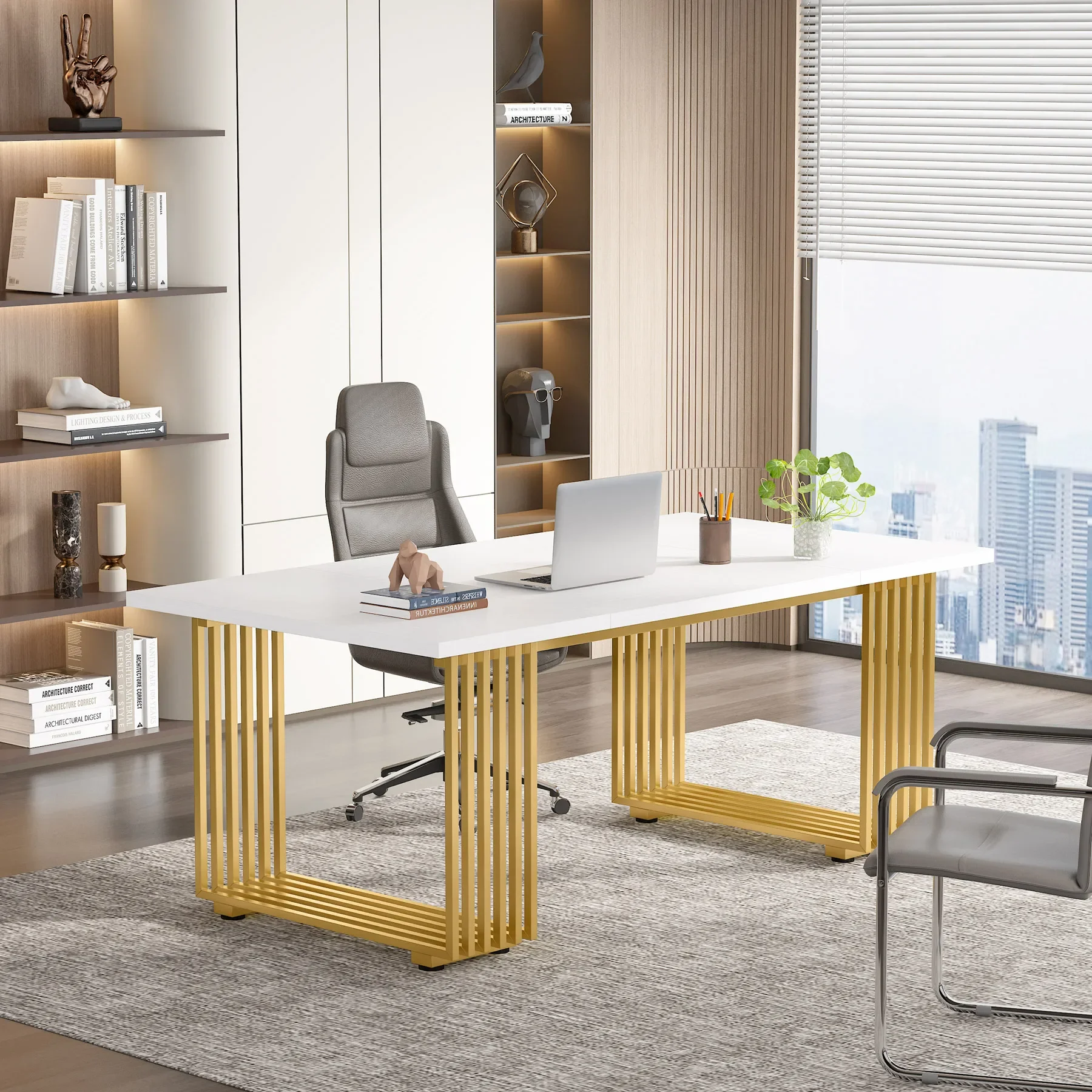 Tribesigns Modern Office Desk, 70.9" Wooden Computer Desk,Executive Desk with Gold Metal Legs, Large Workstation Home Office Tribesigns Modern Office Desk, 70.9" Wooden Computer Desk,Executive Desk with Gold Metal Legs, Large Workstation Home Office