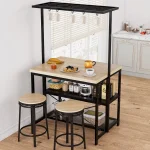 42-Inch Rolling Kitchen Island with Wheels, Microwave Stand & Storage Shelves, 400 LB Capacity Cart in Black & Natural 3