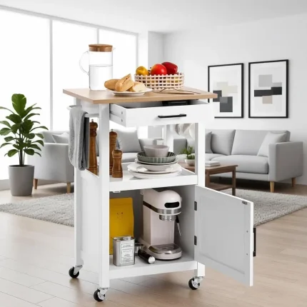 White Portable Kitchen Island Cart with Single Door Cabinet, Swivel Wheels, Towel Rack & Hooks, 18x23 inches