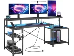 L Shaped Gaming Desk 71" Computer Desk Power Outlets Monitor Stand Adjustable Shelf Cup Holder Hooks Home Office Black