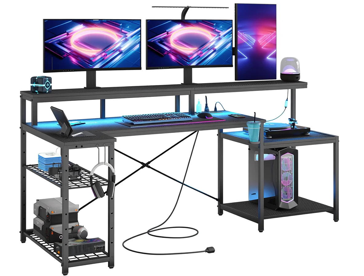 L Shaped Gaming Desk 71" Computer Desk Power Outlets Monitor Stand Adjustable Shelf Cup Holder Hooks Home Office Black L Shaped Gaming Desk 71" Computer Desk Power Outlets Monitor Stand Adjustable Shelf Cup Holder Hooks Home Office Black
