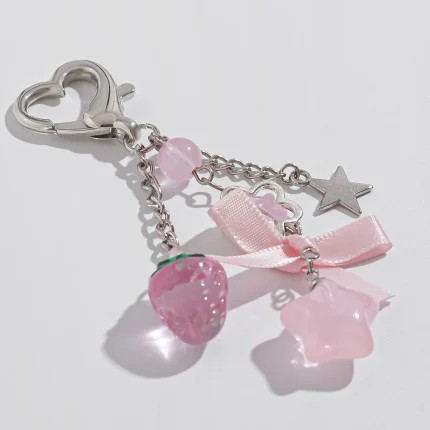 Y2K Fashion Flower Star Love Bow Strawberry Pendant Acrylic Keychain Student Women's Bag Backpack Pants Chain Accessories