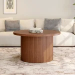 31.5" Round Coffee Table,Tambour Design Coffee Tables,Mid Century Modern Wood Coffee Table,Drum Accent Small Center Table,Walnut 6