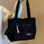 Simple Corduroy Tote Bag, Solid Color Shoulder Bag, Retro Multi Pockets Handbag For School Work Shopping 6